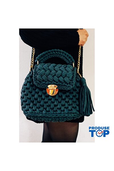 Produse.Top Green Petrol Crocheted Handbag with Tassels