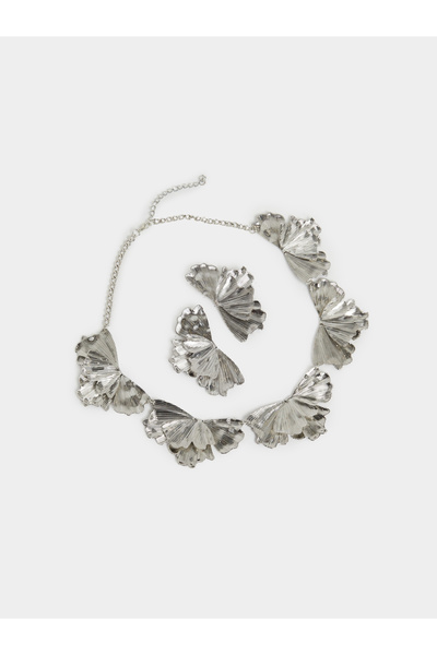 Styli طقم عقد وأقراط من الفضة مزين بأوراق الشجر