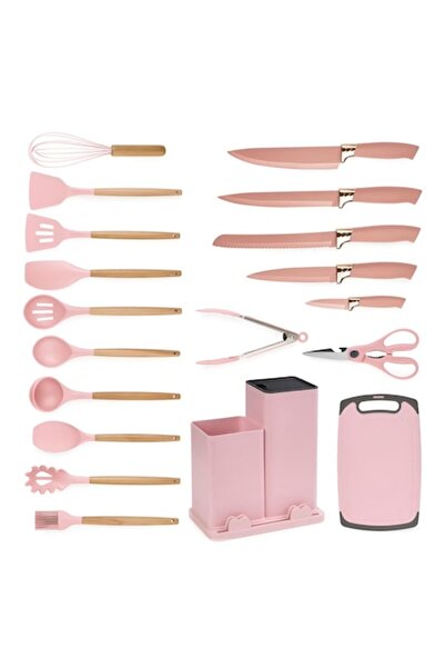 ANGMAD 19-piece Kitchen Utensil Set, Heat-Resistant Silicone + Wood, Pink, St...