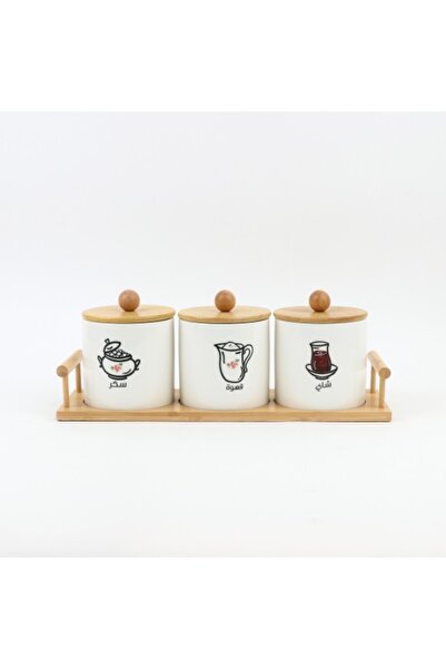 Generic 3-Piece Ceramic Jar Set with Wooden Stand