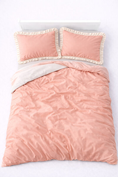 GÖRMEZ TEKSTİL Soft Cotton Ruffled Single Bed - Duvet Cover Set Salmon / Beige