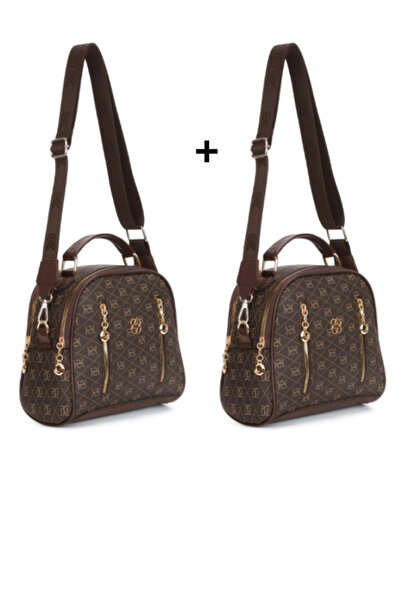 Newish Polo Women's Patterned Daily Crossbody Bag – Brown with Gold Zipper De...