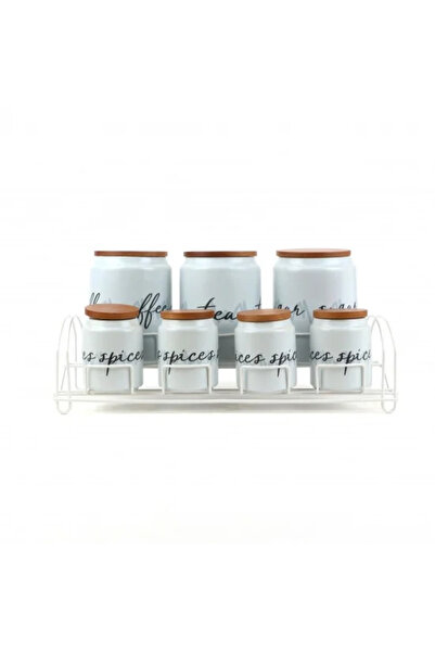 Generic Elegant 7-Piece Jar Set with Wooden Lid and Metal Stand