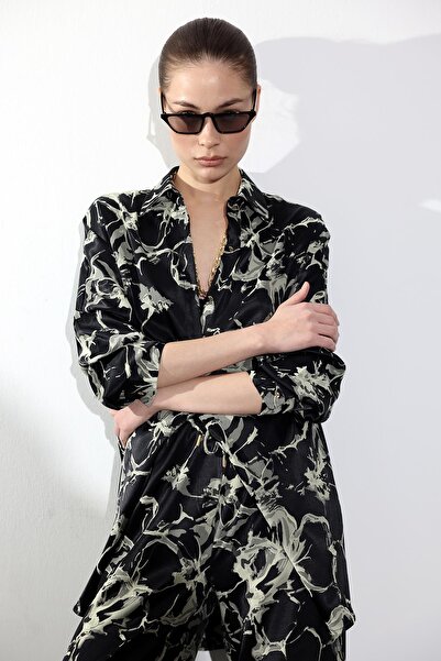 5in1Canpolat Black Patterned Oversized Satin Shirt 34754