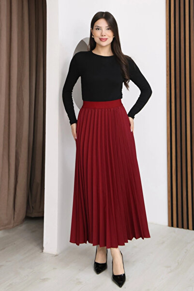 lodmela Ελαστική Φούστα με Πιέτες στη Μέση 6017-Βουργουνδία