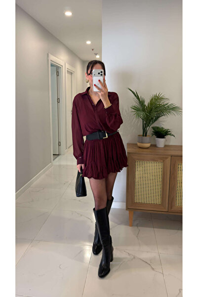 BİRCANÇİL Lonces Burgundy Lined Chiffon Dress with Belt Detail