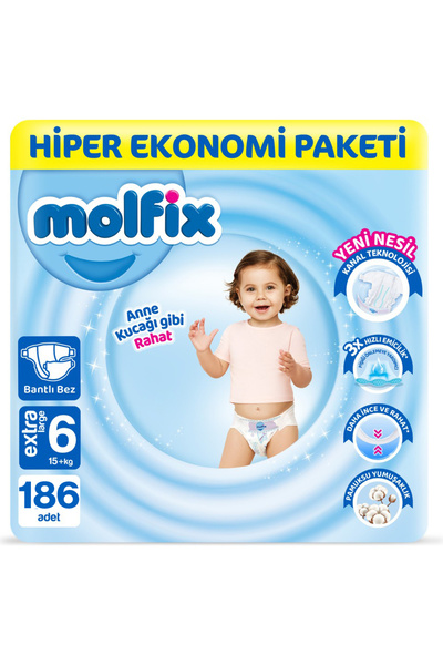 Molfix Bebek Bezi 6 Numara X Large Hiper Ekonomi Paketi 186 Adet