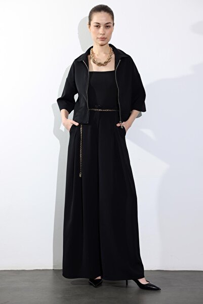 5in1Canpolat Black Belted High Waist Wide Leg Pants 031641