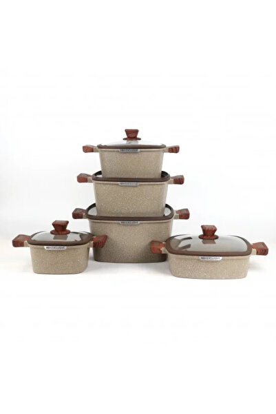 TULIN Granite cookware set with wooden handles, beige color - 10 pieces