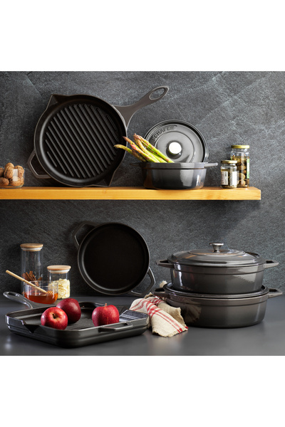 Schafer Guss Chef Cast Iron Flat Pot 28 cm 2 Pieces-Grey