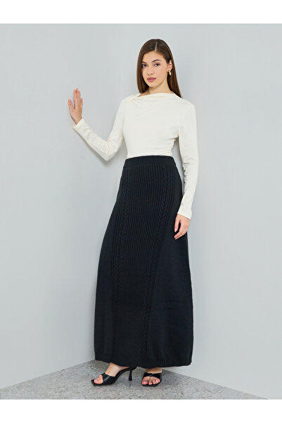 Styli Women Black Cable Knit Maxi Skirt