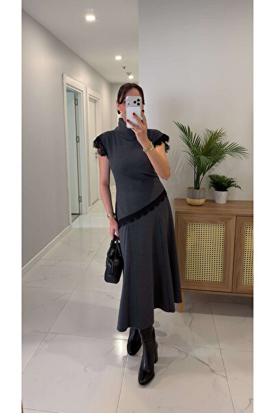 BİRCANÇİL Zr Murre Anthracite Lace Detailed Belted Blouse Skirt Set