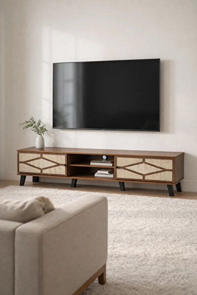 MARIA HOMES Modern Wooden TV Stand Dark Brown with Beige Stone Pattern 160 x ...