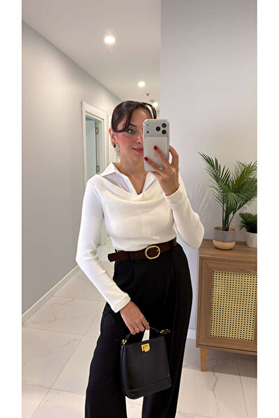 BİRCANÇİL Porenwa Ecru Shirt Collar Detailed Blouse