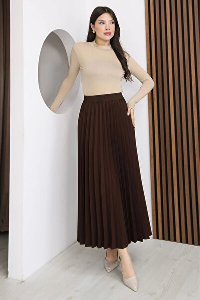 lodmela Elastic Waist Pleated Skirt 6017-Brown