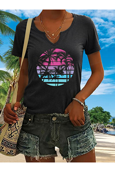 mercoledi Palmiye cu imprimeu pentru femei, cu mâneci pe jumătate cu decolteu...