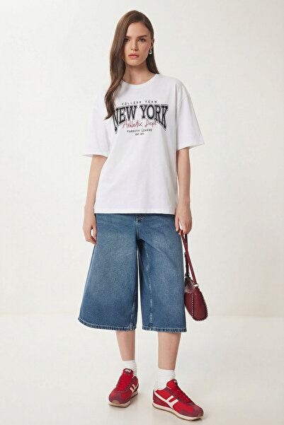 Lovelyİstanbul με τύπωμα oversized Βαμβακερό πλεκτό μπλουζάκι LZE0003 ΛΕΥΚΟ