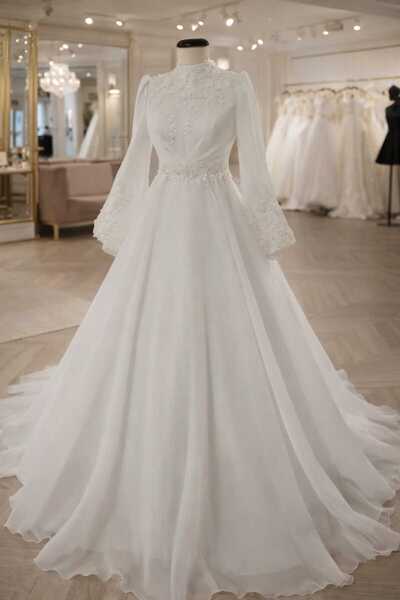 ÖZEL DİKİM Üç boyutlu çiçekli balon kollu TESETTÜR GELİNLİK