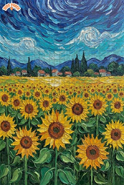 Teona Ahşap Van Gogh Yıldızlı Geceler Ayçiçek Tarlası Yağlı Boya Görünümlü Ah...