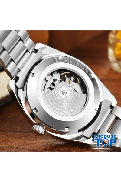 Tevise Men's Business Automatic Watch Silver Black with Metal Bracelet CBTV005