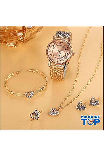 QUARTZ Elegant Gold Women's Watch Set with Hearts and Jewelry Gift Set: Earri...