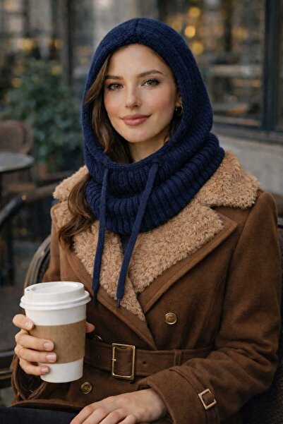 ATE ÖZGÜNEŞ TRİKO TEKSTİL Hooded Balaclava Knitted Beanie with Drawstring