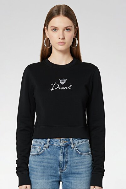 Diesel Women Crew Neck Long Sleeve Embroidered Logo Sweatshirt, Black