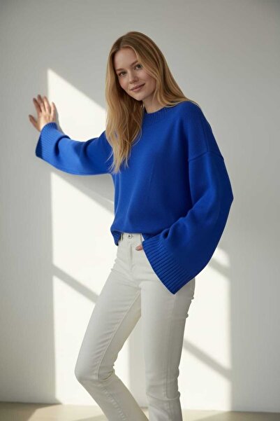 MELEK ARAZ Kadın Mavi Yarasa Kol Kazak