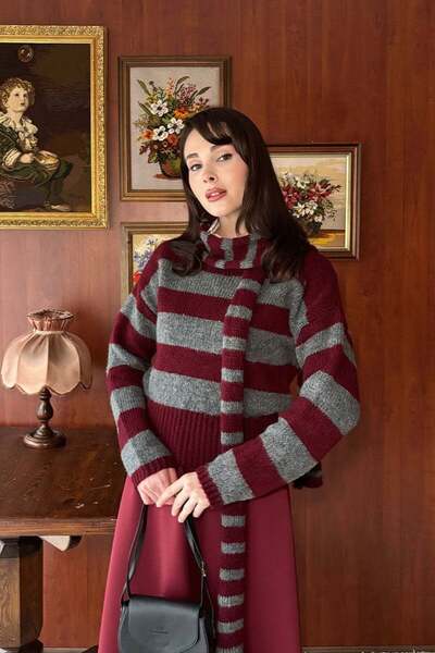 Ceylan Otantik Burgundy Anthracite Striped Scarf Detail Sweater