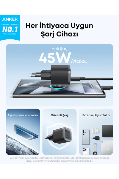 Anker Nano 45W USB-C Kablo Şarj Adaptörü Siyah