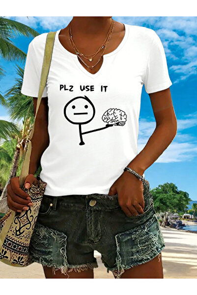 mercoledi Γυναικείο μπλουζάκι Use it με τύπωμα με μισά μανίκια σε σχήμα V και...