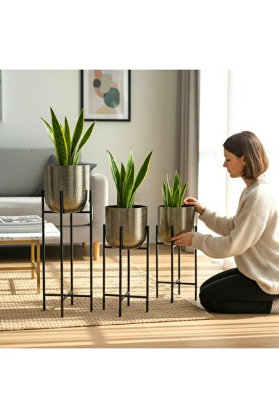 Generic Hammered Metal Planter Set of 3 (L/M/S) with Black Iron Stand