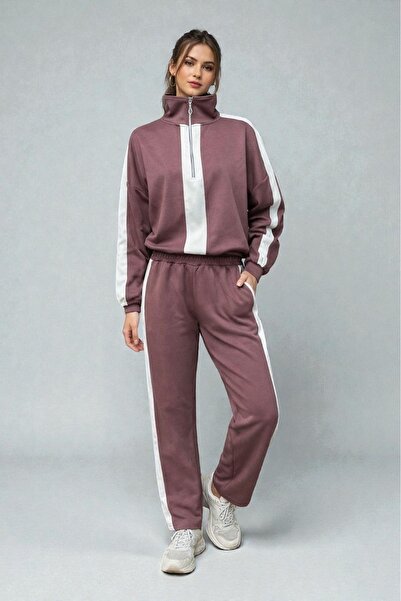 CARLA MARA Modal Fabric Half-Zipper Striped Tracksuit Set Mink