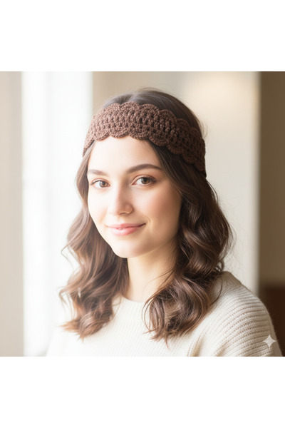 burjalmodah Women's crochet headband with an elegant design and warm brown color
