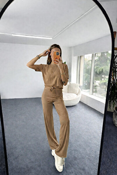 YAKAMEL Kadın Fitilli İspanyol Paça Yazlık Süper Yüksek Bel Kısa Kollu Takım