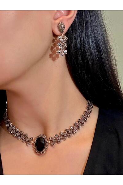 Ceso Accesories طقم قلادة وأقراط من الحجر الأسود مستوحى من الطراز العثماني