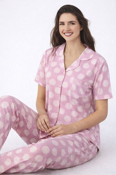 SCM LINGERIE طقم بيجامة بأكمام قصيرة وأزرار أمامية مصنوع من القطن بنسبة 100%