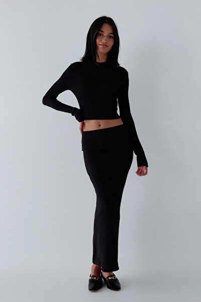 My Blog Black Corded Fabric Flexible Knitwear Skirt Blouse Set - 4434