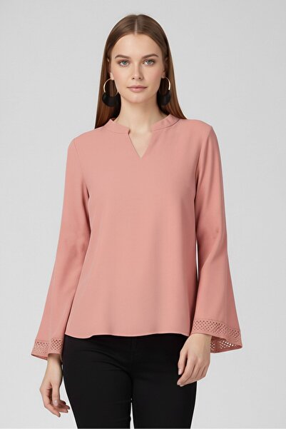 Bebe Women V-Neck Plain Long Sleeve Top, Old Rose