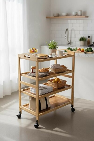 Casco A versatile wooden kitchen cart with four shelves and wheels