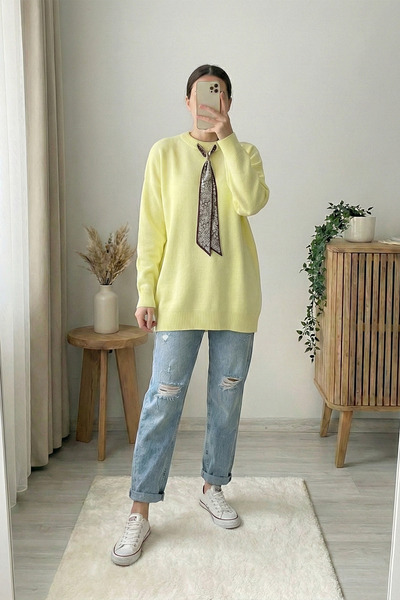 MODAQU Crew Neck Scarf Knitwear Tunic - Light Yellow