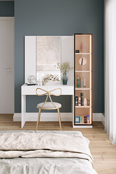 Avmpark Aqua Aynalı Makyaj Masası + Tek Cam Kapaklı Dolaplı Işıklı Çekmeceli ...