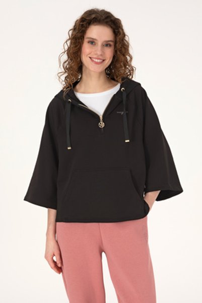 U.S. Polo Assn. Kadın Siyah Kapüşonlu Yarım Fermuarlı Basic Sweatshirt 50319959-VR046