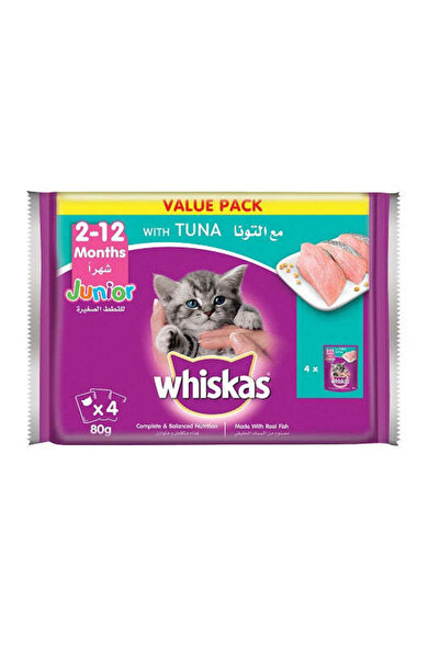 Whiskas طعام جونيور الرطب للقطط الصغيرة بنكهة التونة - تونة/4 × 80 غرام