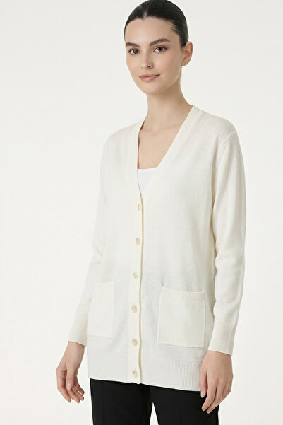 Msrlassn Ecru V-Neck Buttoned Women's Cardigan