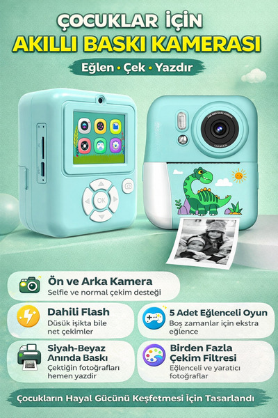 qasul Çocuklar İçin Akıllı Baskı Kamerası Anında Siyah Beyaz Baskı, Ön ve Ark...
