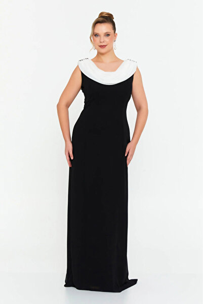 ŞEREF VURAL Women's Plus Size Shoulder Stoned Degaje Collar Long Evening Dres...