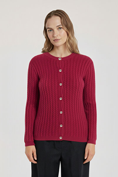 Triko Mısırlı Mürdüm Örgü Desenli Kadın Hırka