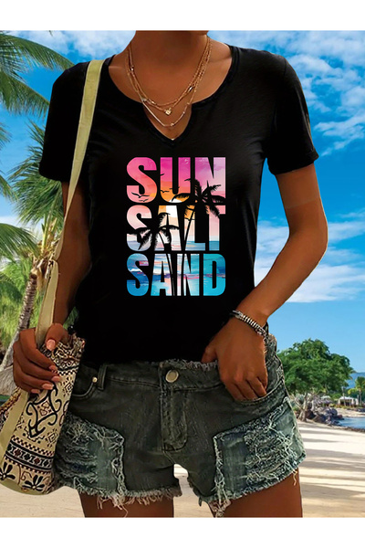 mercoledi Women's Sun Salt Printed Half V-Neck Sleeves Regular Fit Comfortabl...