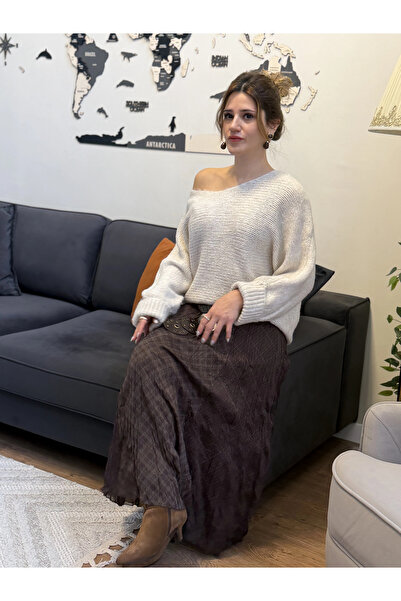 Greenboutique تنورة منقوشة ذات مظهر مجعد باللون البني